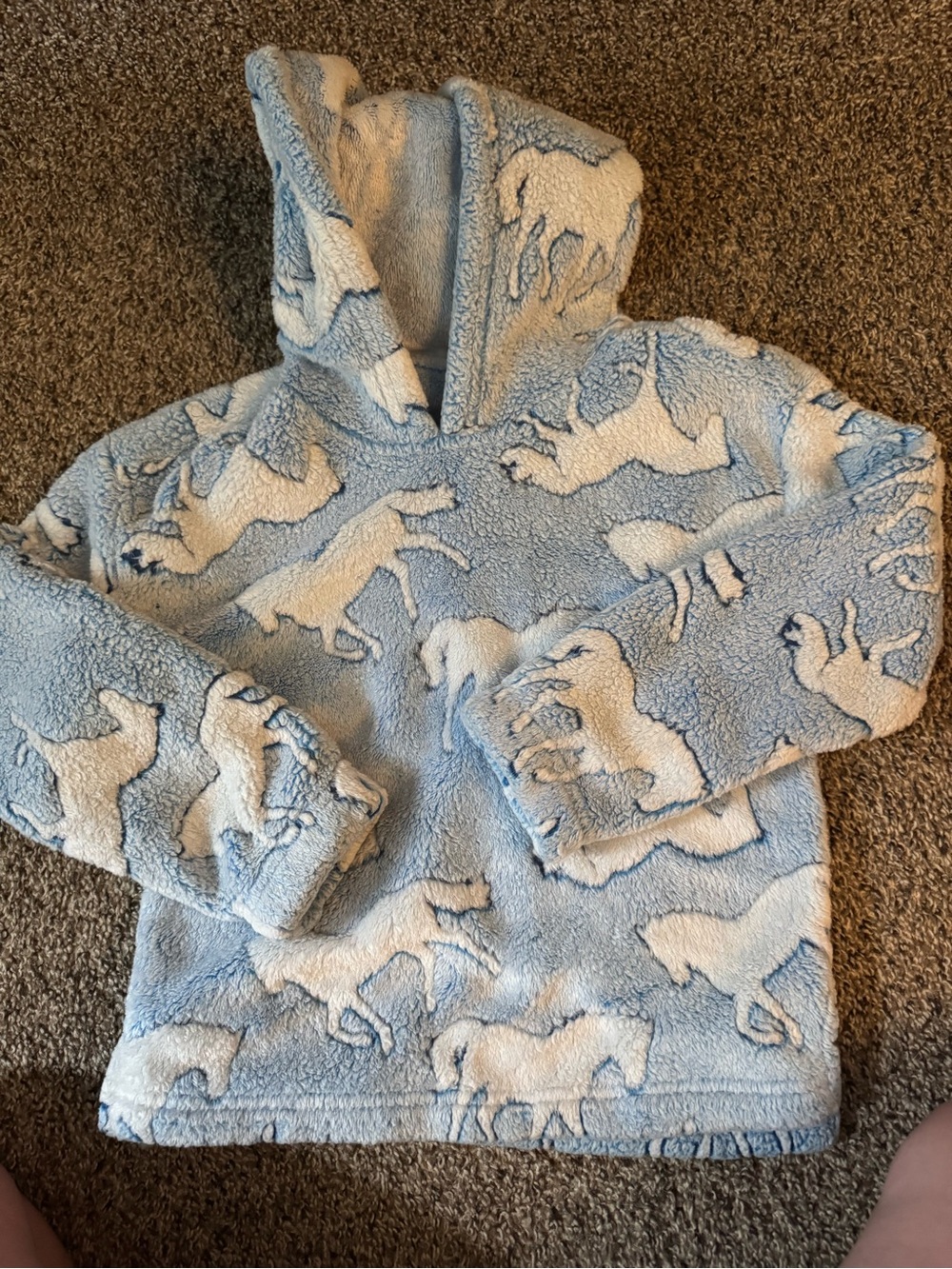 Kids Cozy Hooded Sherpa Pullover - Light Blue Horse Print